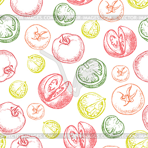 Seamless background with sketch of tomatoes - vector clip art