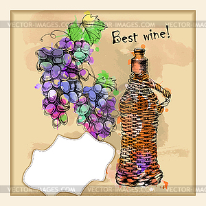 Card with grapes, wine on hand-drawing style - vector image