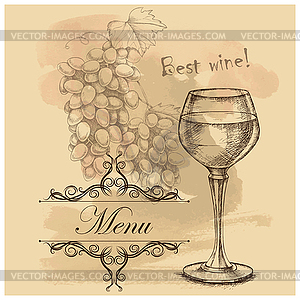 Card, menu with sketch grapes, wine - vector clip art