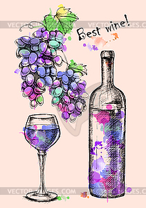 Card of sketch grapes, wine, bottle for design - vector image