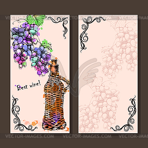 Card with grapes, wine on hand-drawing style - vector clip art