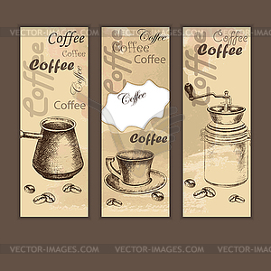 Three banners with sketch of coffe set - vector image