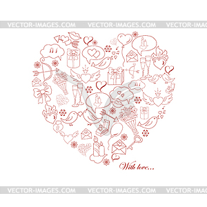 Card with love doodles objects - vector clipart