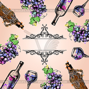 Background of grapes, wine with hand-drawing style - vector image
