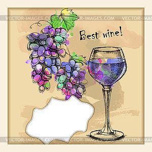 Карточка с эскиза винограда, вина - векторное графическое изображение