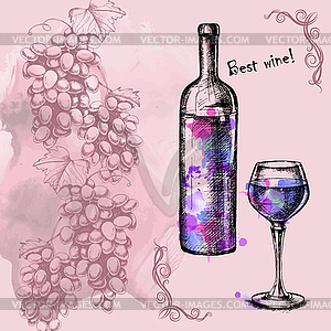 Card with grapes, wine with hand-drawing style - vector clipart