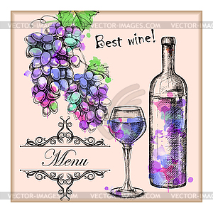 Card menu with sketch grapes, wine - vector EPS clipart