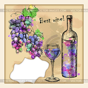 Card with sketch grapes, wine - vector clipart