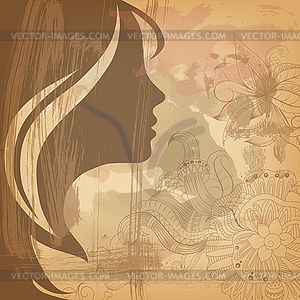 Beautiful girl face on old background - vector clipart / vector image