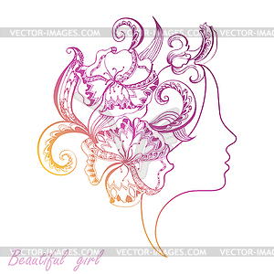 Beautiful girl face with filigree ornate - vector image