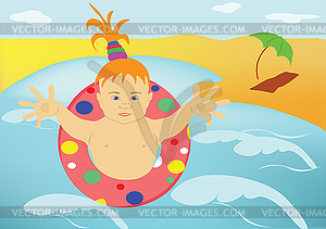 Child, sea, beach - color vector clipart