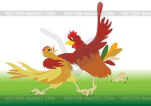 Dance performed by rooster and hen - vector image