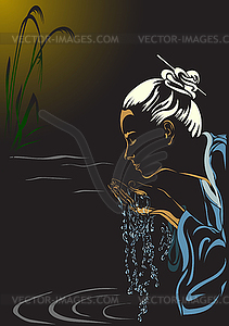 Japanese woman - bathing in creek - vector clipart / vector image