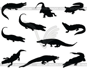 Black silhouettes of crocodiles  - white & black vector clipart