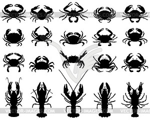 Silhouettes of crawfish and crab - vector clip art