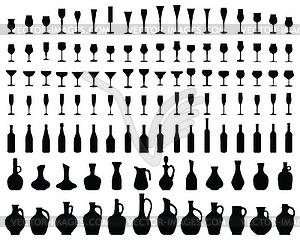 Glasses, bottles and jugs - vector image