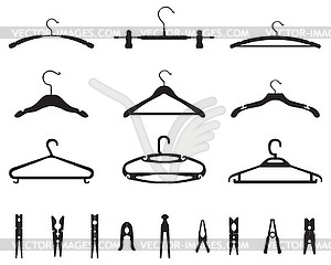Набор различных вешалок и прищепок для белья - векторизованное изображение