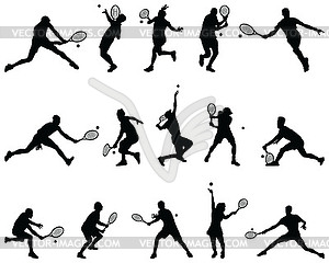 Black silhouettes of tennis players - vector image