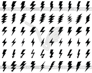 Black icons of thunder and flash lighting - vector image