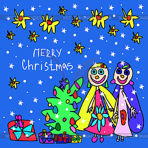 Children`s drawing. Christmas card - vector clipart