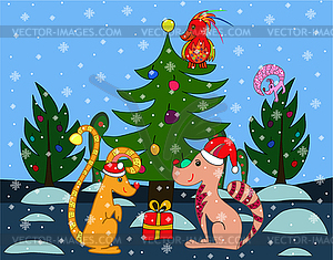 Christmas card with fantasy animals - vector clip art