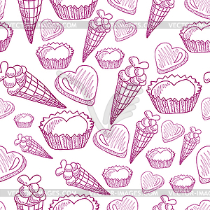 Seamless pattern with candy, ice cream and hearts - vector image