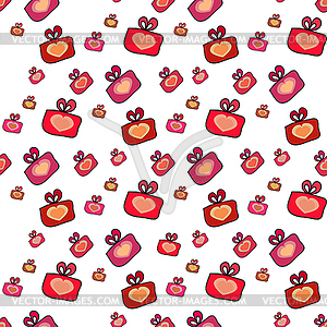 Seamless pattern with gifts, hearts - vector image