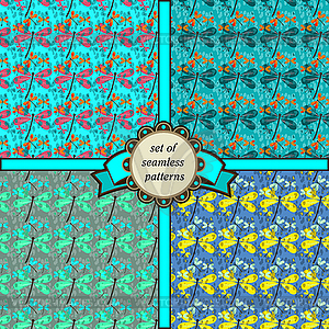 Набор бесшовных шаблонов с dragonfly- - изображение в векторе / векторный клипарт