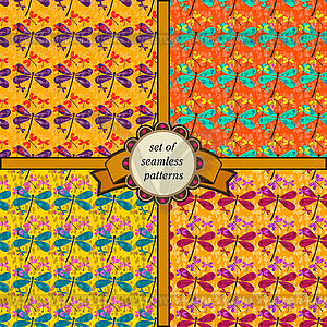 Set of seamless patterns with dragonfly- - vector image