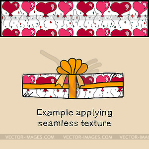 Applying seamless texture with heart on gift box - vector clipart