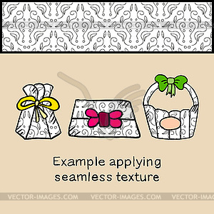 Applying seamless texture with ornament on gift box - vector clipart