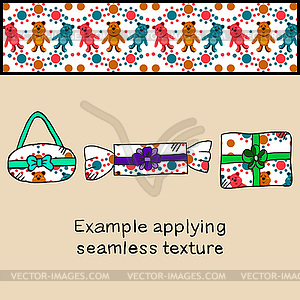 Применяя бесшовных текстур с плюшевым мишкой на подарок - стоковый клипарт