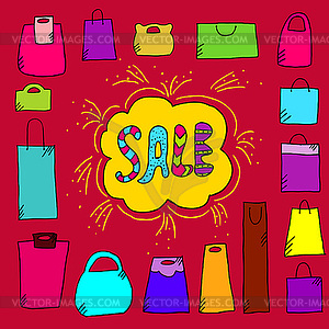 Sale background with doodle paper bags - vector clipart