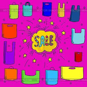 Sale background with doodle plastic bags- - royalty-free vector image