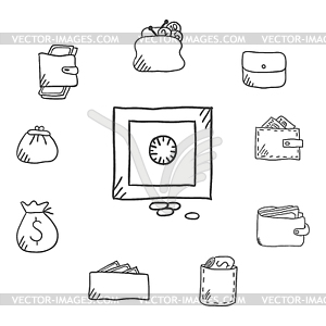 Business set with various purses, wallets and safe - vector image