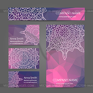 Set of business cards on background of triangles - vector clipart