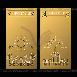 Happy Easter golden banners with linear drawing - vector clipart