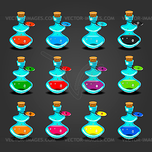 Big set bottles with different potions- - vector clipart