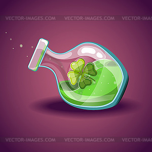 Bottle with clover leaf, magic elixir - vector clipart