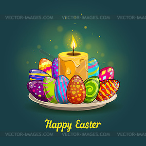 Card with Easter eggs and candle - vector image