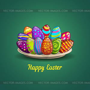 Card with Easter eggs on plate - color vector clipart