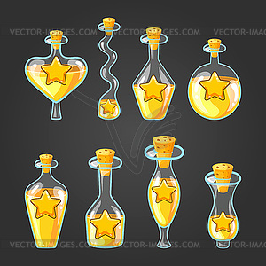 Set with different bottles of star potion - vector image