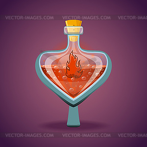 Bottle of magic elixir with flame - vector clipart