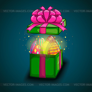 Open gift box with cartoon Easter eggs - vector image