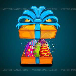 Open gift box with cartoon Easter eggs - vector image