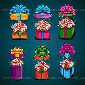 Big set open gift box with cartoon lollipop - vector image