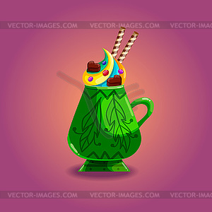 Cute cartoon mug with whipped cream and other sweets - vector image