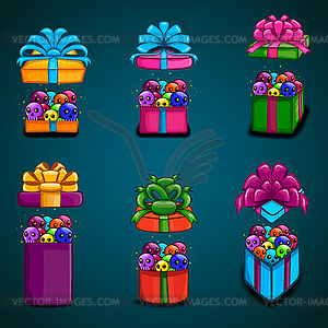 Big set open gift box with cartoon skull - color vector clipart