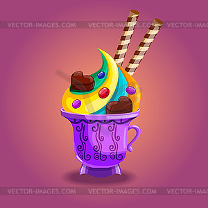 Cute cartoon mug with whipped cream and other sweets - vector clip art