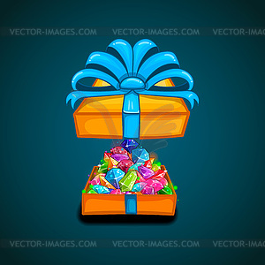 Open gift box with mountain of gems - vector image